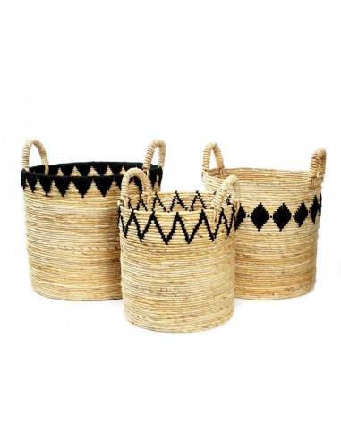 Paniers de rangement en feuille de bananier avec broderie - Lot de 3 - Noir ou blanc pas cher