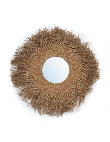 Grand miroir rond à franges Natural, miroir mural bohème en fibres végétales 75 cm Fin de série